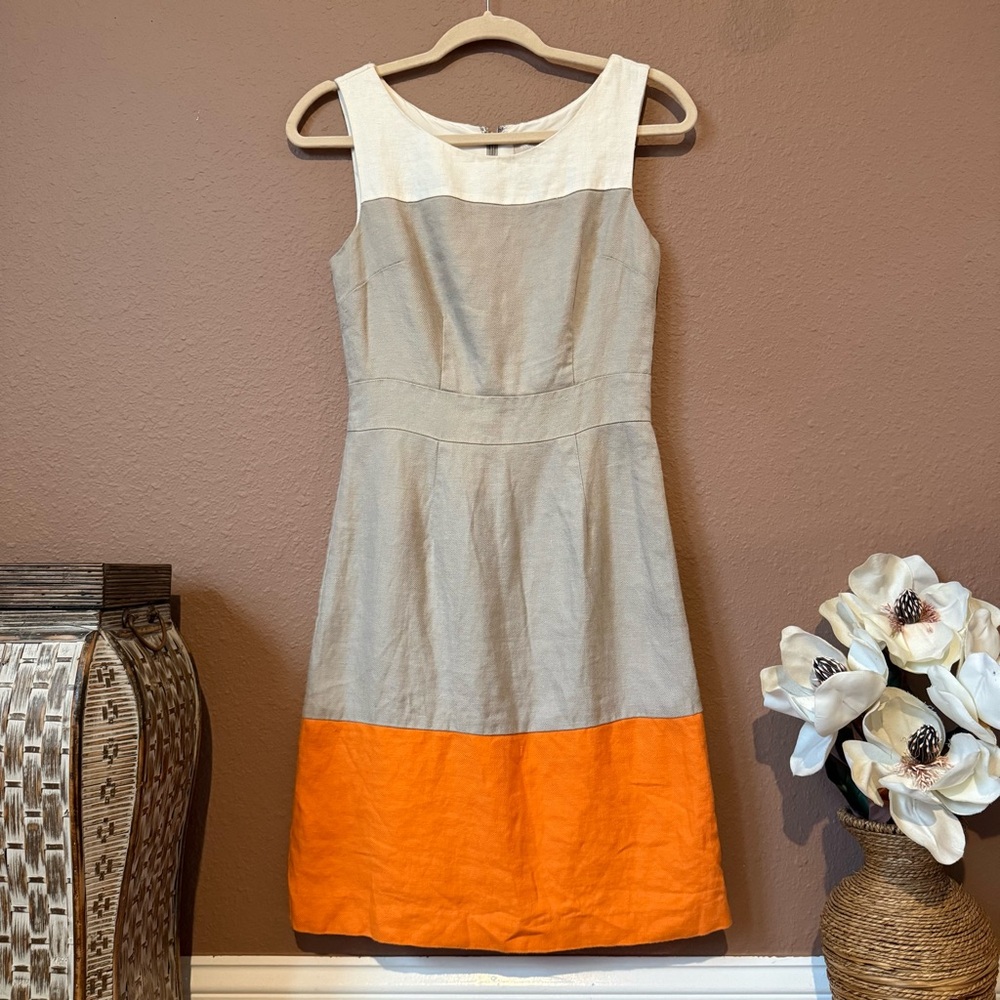 Banana Republic Linen Colorblock Midi Dress - Cream, Gray, and Orange
